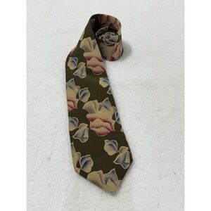 Herve Benard Mens Silk Floral Pattern Olive Green Necktie